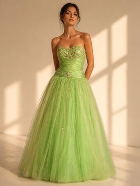 Vintage Y2K Lime Green Beaded Fairy Prom Ball Gown Dress Size 0 Whimsy Princess